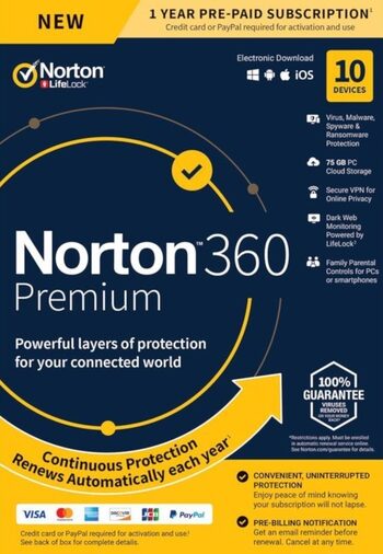 Norton 360 Premium EU Key (1 Jahr / 10 Geräte) + 75 GB Cloud-Speicher